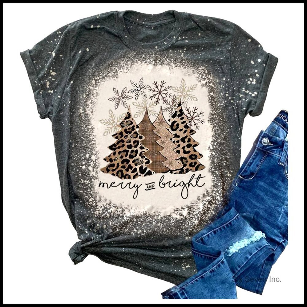 Leopard Christmas Tree Snowflake Graphic Tee Retro Vintage Short Sleeve T-Shirt